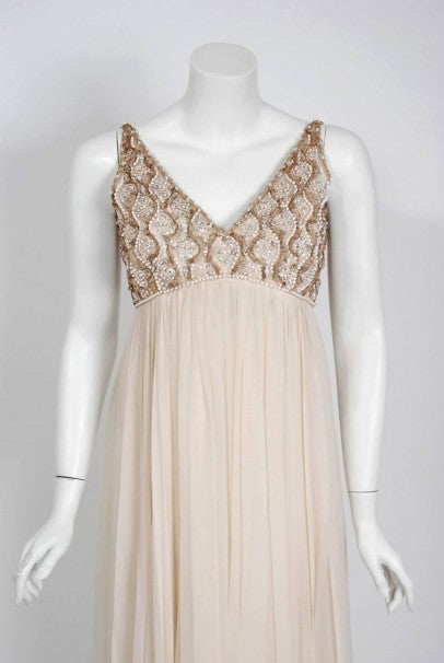 1960&#39;s Malcolm Starr Beaded Ivory-Creme Silk Chiffon Empire Plunge Goddess Gown