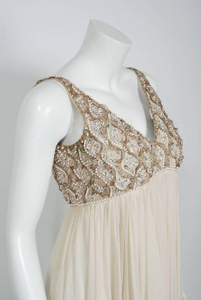 1960&#39;s Malcolm Starr Beaded Ivory-Creme Silk Chiffon Empire Plunge Goddess Gown