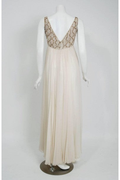 1960&#39;s Malcolm Starr Beaded Ivory-Creme Silk Chiffon Empire Plunge Goddess Gown