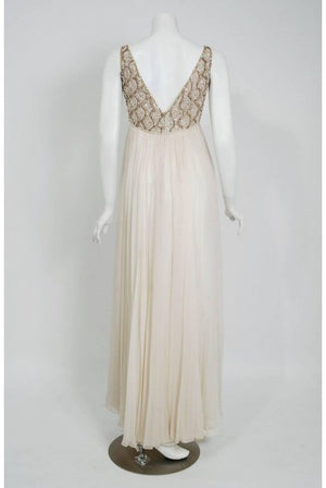 1960's Malcolm Starr Beaded Ivory-Creme Silk Chiffon Empire Plunge Goddess Gown