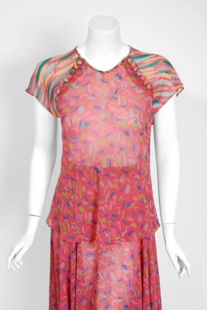 1976 Ossie Clark for Radley Pink Celia Birtwell Print Crepe Flutter Dress Set