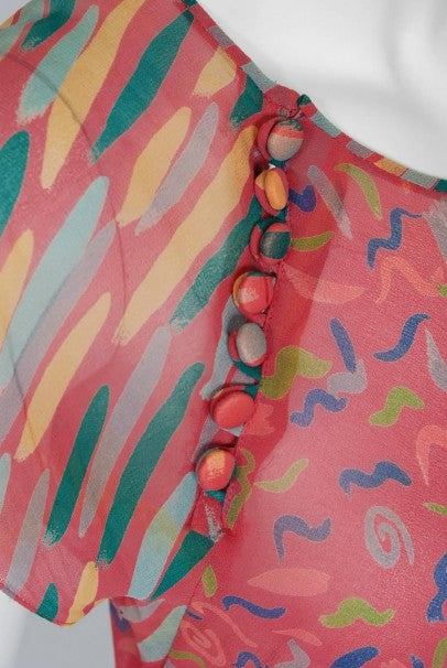 1976 Ossie Clark for Radley Pink Celia Birtwell Print Crepe Flutter Dress Set