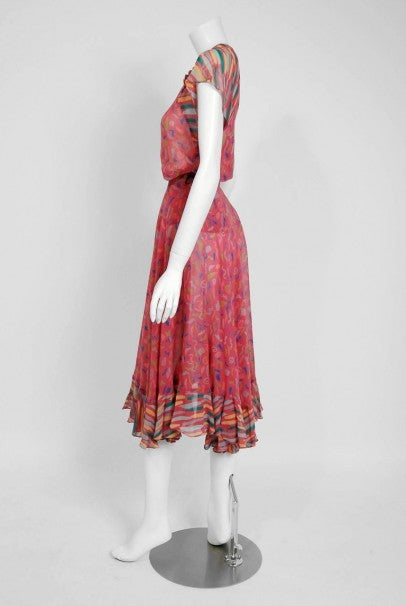 1976 Ossie Clark for Radley Pink Celia Birtwell Print Crepe Flutter Dress Set