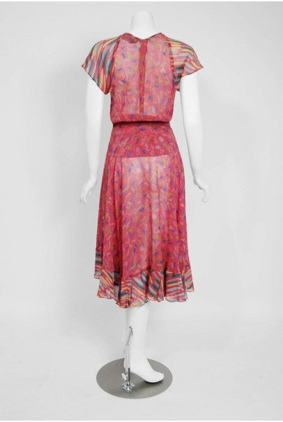 1976 Ossie Clark for Radley Pink Celia Birtwell Print Crepe Flutter Dress Set