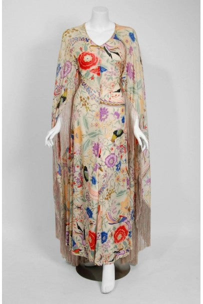 1971 Missoni Couture Colorful Floral Bird Print Silk-Jersey Fringe Caftan Gown