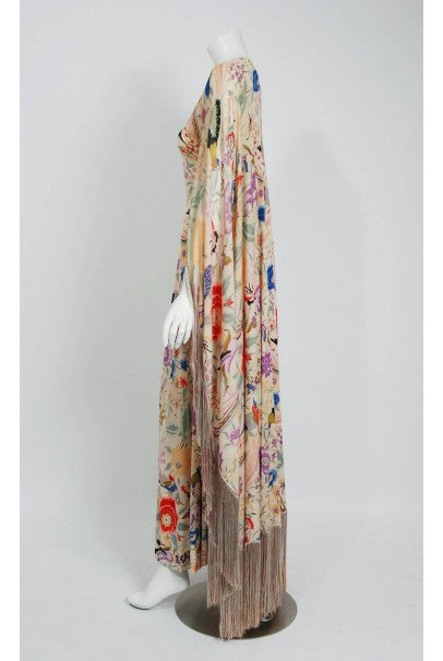 1971 Missoni Couture Colorful Floral Bird Print Silk-Jersey Fringe Caftan Gown