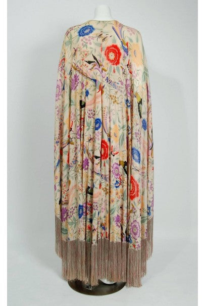 1971 Missoni Couture Colorful Floral Bird Print Silk-Jersey Fringe Caftan Gown