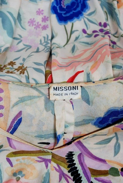 1971 Missoni Couture Colorful Floral Bird Print Silk-Jersey Fringe Caftan Gown