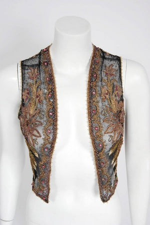 1910 Edwardian Antique Embroidered Beaded Floral Motif Net Art-Nouveau Vest