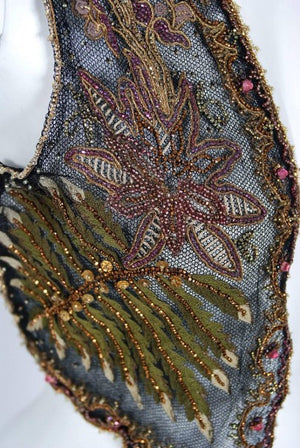 1910 Edwardian Antique Embroidered Beaded Floral Motif Net Art-Nouveau Vest