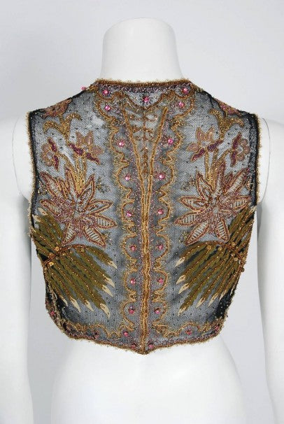 1910 Edwardian Antique Embroidered Beaded Floral Motif Net Art-Nouveau Vest