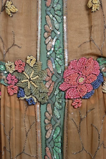 1925 Henri Bendel Couture Colorful Beaded Floral Silk &amp; Lame Flapper Deco Dress