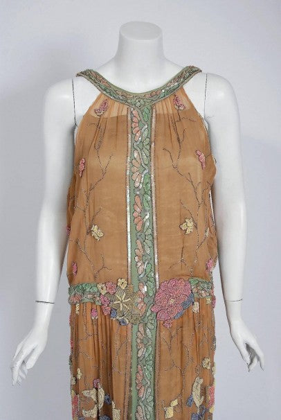 1925 Henri Bendel Couture Colorful Beaded Floral Silk &amp; Lame Flapper Deco Dress