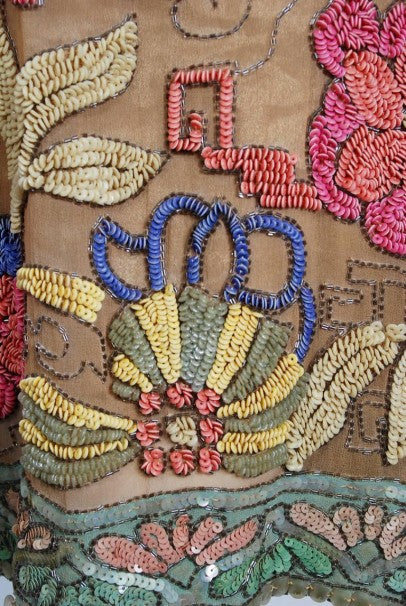 1925 Henri Bendel Couture Colorful Beaded Floral Silk &amp; Lame Flapper Deco Dress