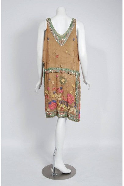 1925 Henri Bendel Couture Colorful Beaded Floral Silk &amp; Lame Flapper Deco Dress
