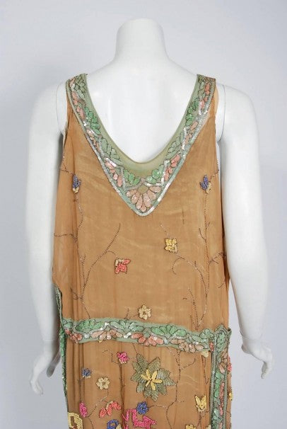 1925 Henri Bendel Couture Colorful Beaded Floral Silk &amp; Lame Flapper Deco Dress