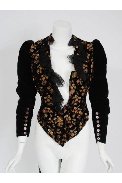 1890 House of Worth Haute-Couture Colorful Velvet Scenic Buttons Tails Jacket