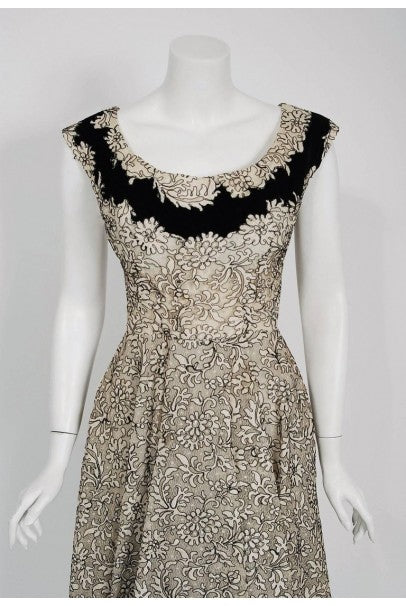1955 Elizabeth Arden Couture Ivory Lace &amp; Black Velvet Scalloped Party Dress