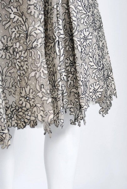 1955 Elizabeth Arden Couture Ivory Lace &amp; Black Velvet Scalloped Party Dress