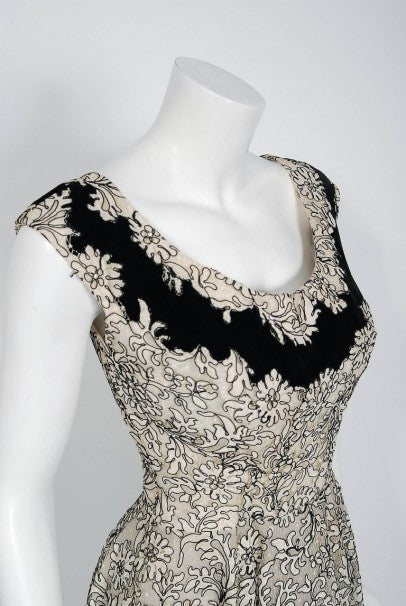 1955 Elizabeth Arden Couture Ivory Lace &amp; Black Velvet Scalloped Party Dress