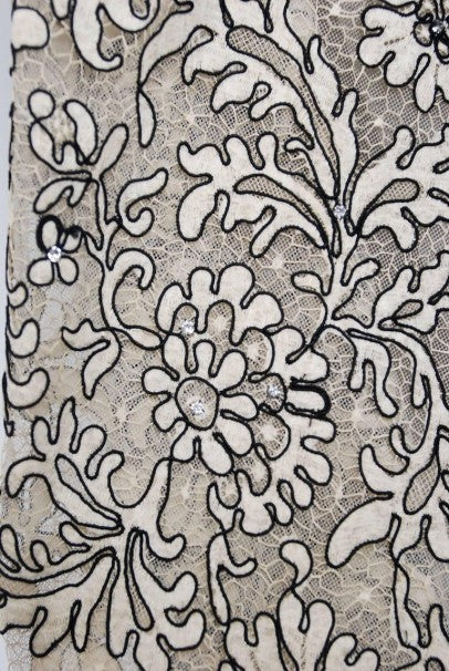 1955 Elizabeth Arden Couture Ivory Lace &amp; Black Velvet Scalloped Party Dress