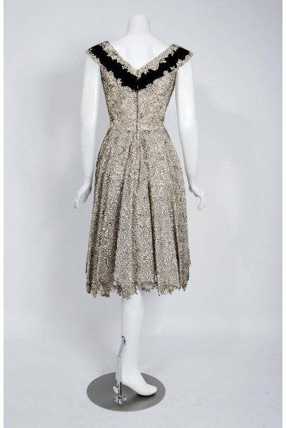 1955 Elizabeth Arden Couture Ivory Lace &amp; Black Velvet Scalloped Party Dress