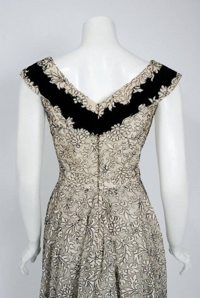1955 Elizabeth Arden Couture Ivory Lace &amp; Black Velvet Scalloped Party Dress