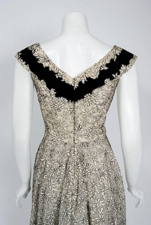 1955 Elizabeth Arden Couture Ivory Lace & Black Velvet Scalloped Party Dress