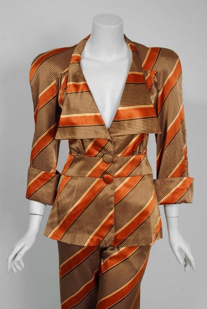 1972 Biba London Deco Striped Satin Wide Collar Jacket Pants Suit En Timeless Vixen