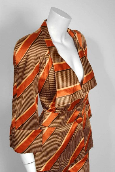 1972 Biba London Deco Striped Satin Wide-Collar Jacket &amp; Pants Suit Ensemble