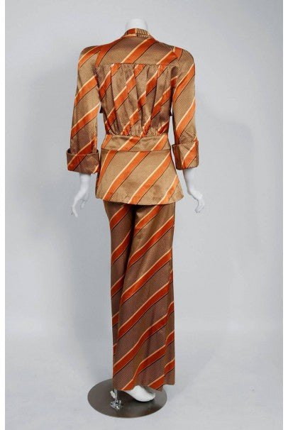 1972 Biba London Deco Striped Satin Wide-Collar Jacket &amp; Pants Suit Ensemble