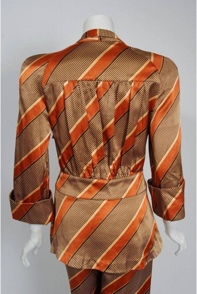 1972 Biba London Deco Striped Satin Wide-Collar Jacket &amp; Pants Suit Ensemble