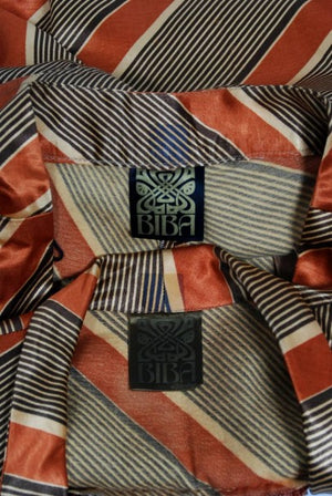 1972 Biba London Deco Striped Satin Wide-Collar Jacket & Pants Suit Ensemble