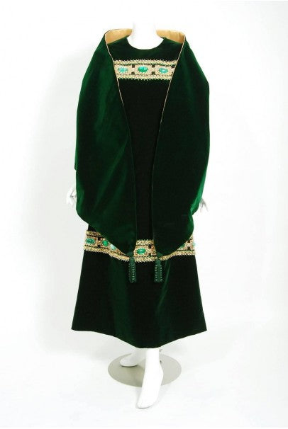1969 Pierre Balmain Haute-Couture Green Velvet Beaded Jeweled Gown & T - Timeless Vixen 1969 Pierre Balmain Haute-Couture Green Velvet Beaded Jeweled Gown & T - Timeless Vixen