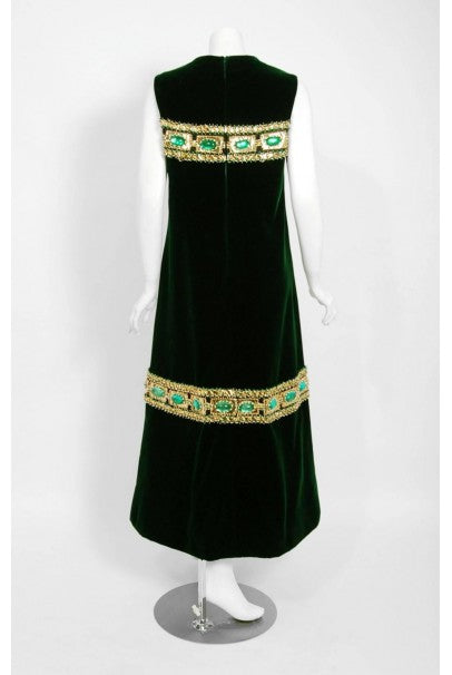 1969 Pierre Balmain Haute-Couture Green Velvet Beaded Jeweled Gown &amp; Tassel Wrap