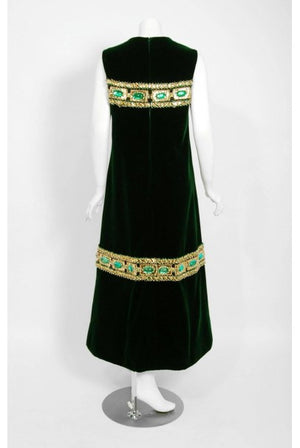1969 Pierre Balmain Haute-Couture Green Velvet Beaded Jeweled Gown & Tassel Wrap