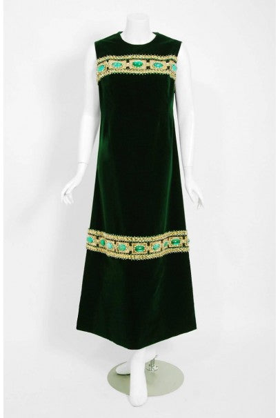 1969 Pierre Balmain Haute-Couture Green Velvet Beaded Jeweled Gown &amp; Tassel Wrap