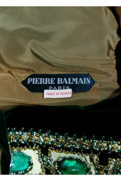 1969 Pierre Balmain Haute-Couture Green Velvet Beaded Jeweled Gown &amp; Tassel Wrap