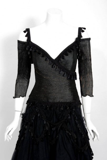 1991 Zandra Rhodes Black Tulle Tassel Fringe Bare Shoulder High-Low Gothic Gown