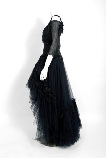 1991 Zandra Rhodes Black Tulle Tassel Fringe Bare Shoulder High-Low Gothic Gown