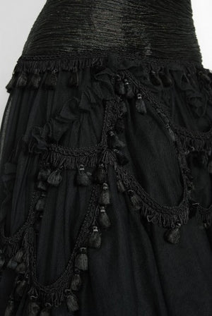 1991 Zandra Rhodes Black Tulle Tassel Fringe Bare Shoulder High-Low Gothic Gown