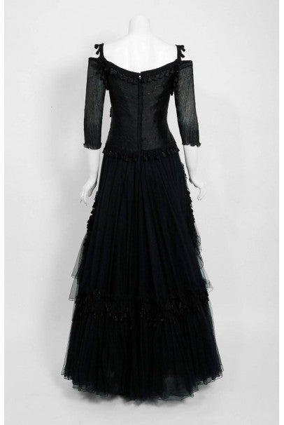 1991 Zandra Rhodes Black Tulle Tassel Fringe Bare Shoulder High-Low Gothic Gown