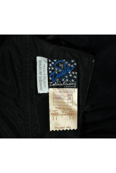 1991 Zandra Rhodes Black Tulle Tassel Fringe Bare Shoulder High-Low Gothic Gown