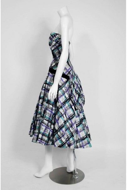 1950&#39;s Graphic Plaid Print Cotton Strapless Shelf-Bust Bustle Back Dress &amp; Shawl