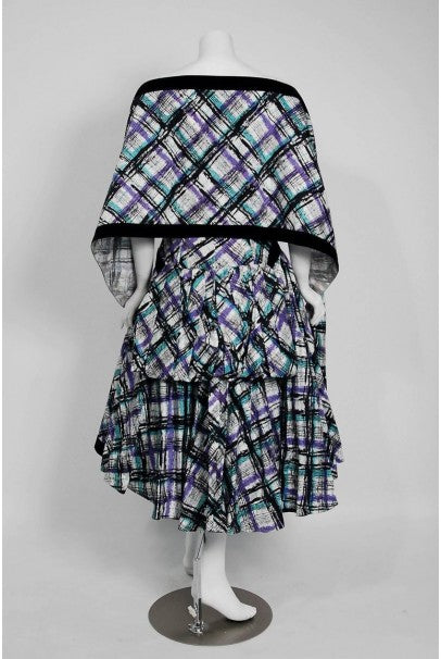 1950&#39;s Graphic Plaid Print Cotton Strapless Shelf-Bust Bustle Back Dress &amp; Shawl