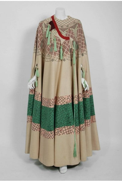 1970 Zandra Rhodes Couture Graphic Print Wool Bohemian Tassels Full-Length Cape