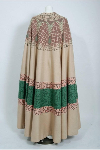 1970 Zandra Rhodes Couture Graphic Print Wool Bohemian Tassels Full-Length Cape