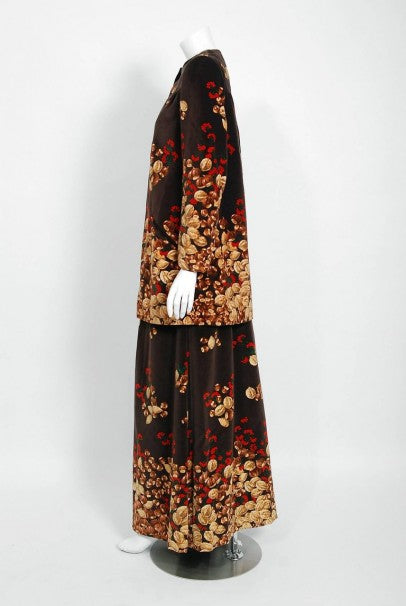 1977 Valentino Novelty Acorn Berry Print Velvet Swing Jacket and Maxi Skirt Set