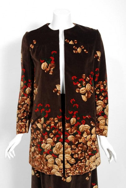 1977 Valentino Novelty Acorn Berry Print Velvet Swing Jacket and Maxi Skirt Set