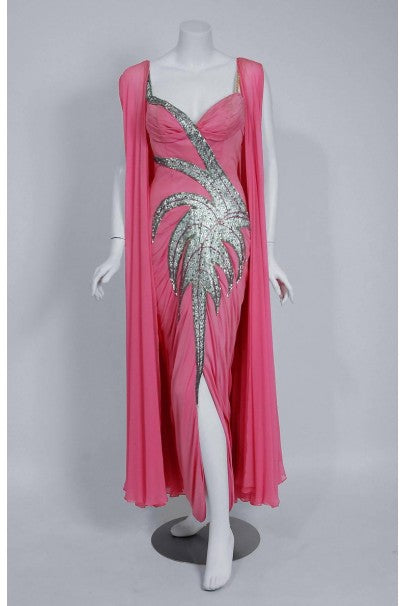 1955 Historical Yma Sumac Metallic Beaded Pink Ruched Silk-Jersey Hourglass Gown